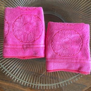 Set of two vintage Barbie pink floral medallion bath towels 60s 70s
